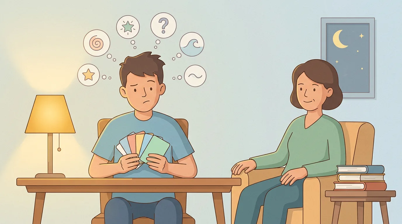 A student using blank flashcards for recall practice with a supportive parent nearby.