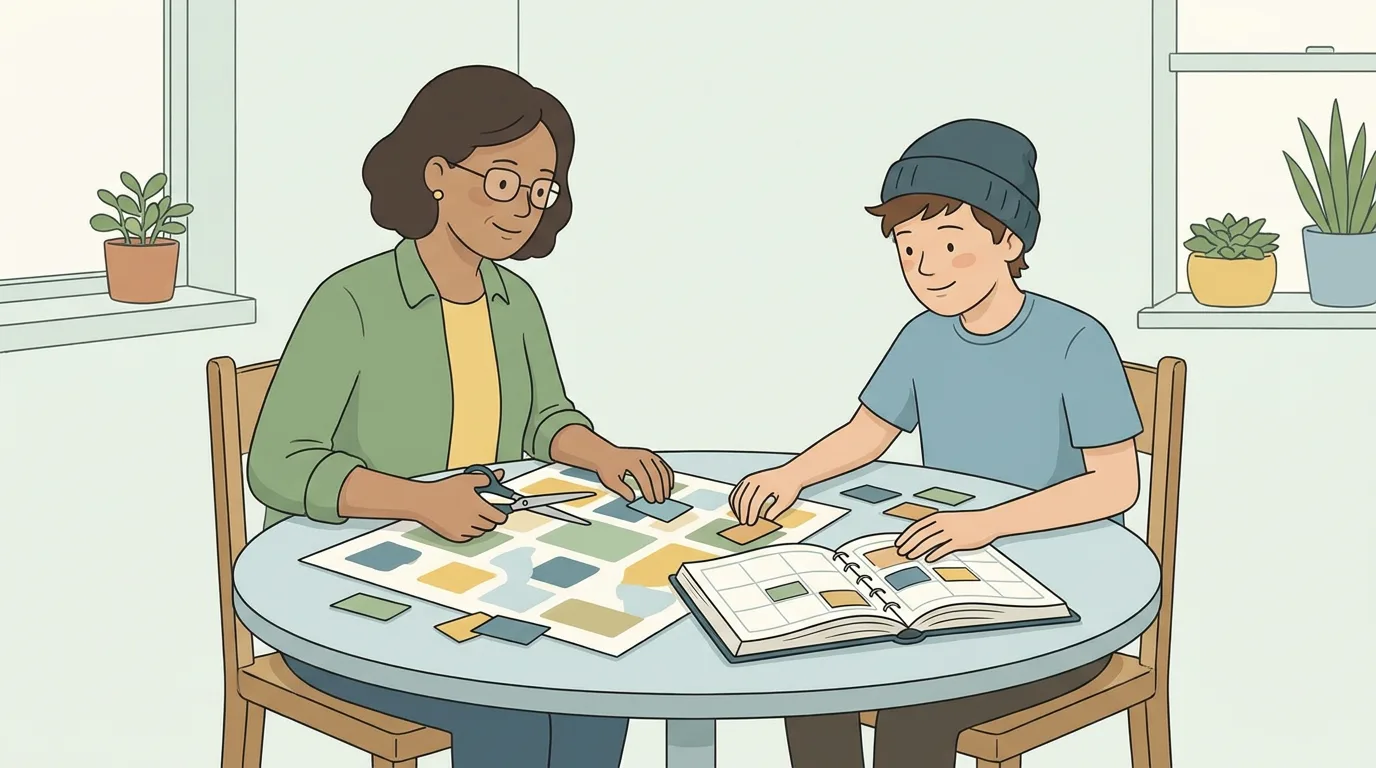 A parent and teenager turning a syllabus into small study tiles on a planner.