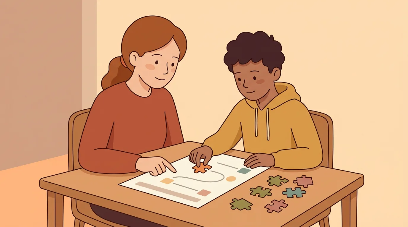 A parent and teenager choosing one puzzle piece to place on a simple path forward.