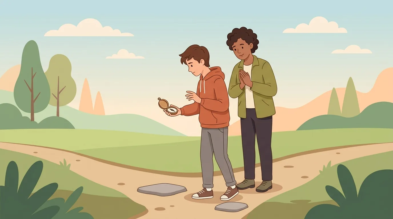 A teenager holding a compass while a nearby parent offers quiet support from behind.