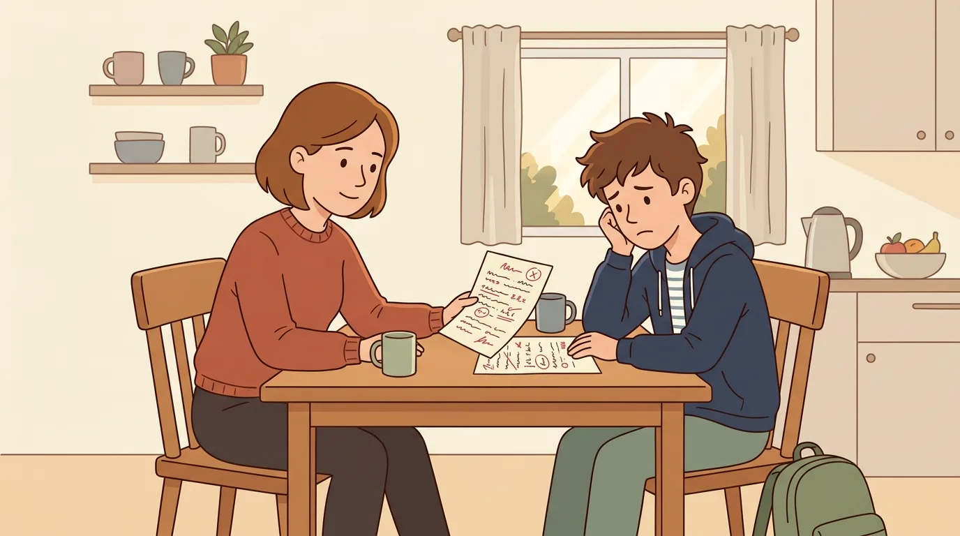 A parent calmly sitting beside a disappointed teenager while they look at a marked paper.