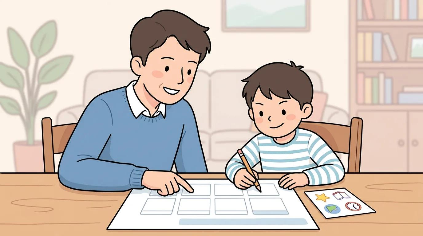 A parent and child sitting side by side over a blank study plan, with the child holding the pencil.