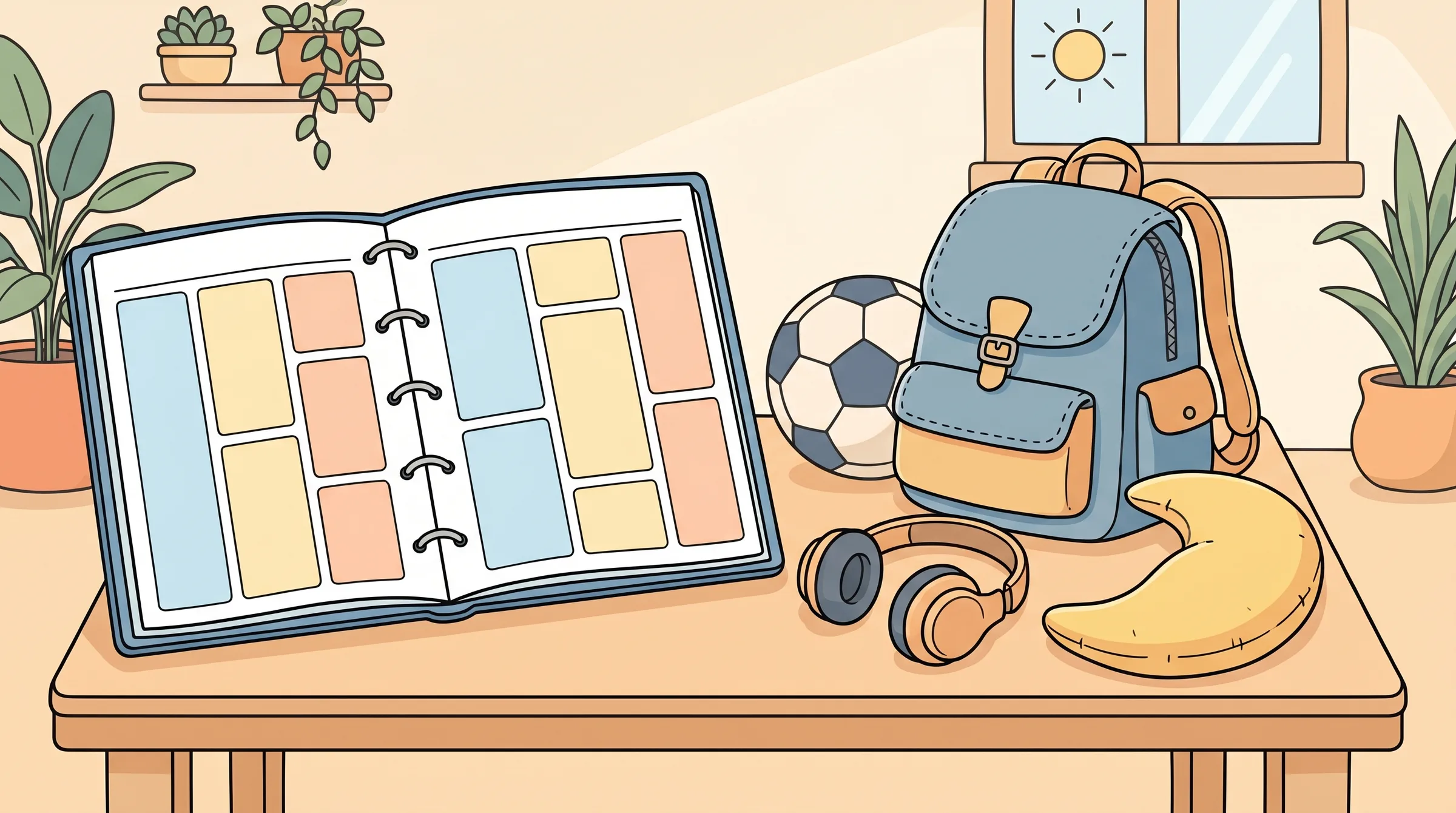 A blank weekly planner beside a school bag, soccer ball, headphones, and moon pillow.