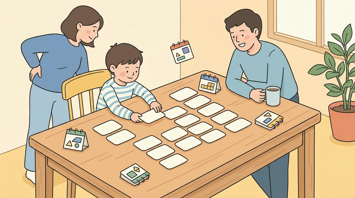 A child and parents arranging blank study cards into a simple weekly routine at a kitchen table.
